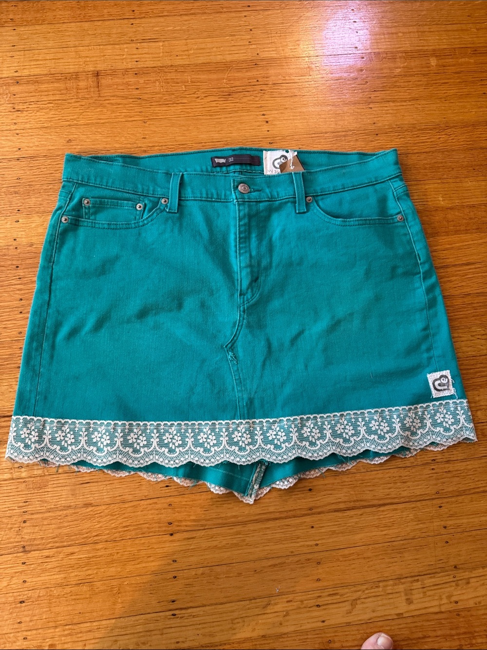 Relove Levi's Distressed Teal Denim High Low Skirt with Cream Lace Trim
